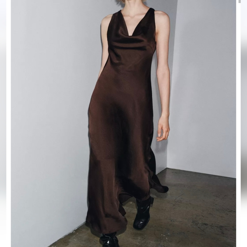 NWT Zara Chocolate Brown Satin Maxi Dress, Large